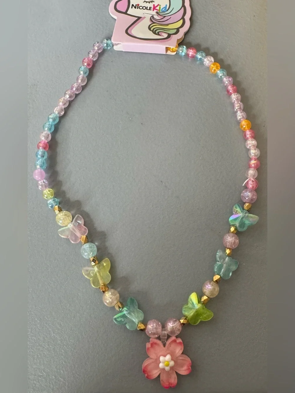 Nicole Multicolor Pastel Butterfly & Flower Beaded Necklace stretch